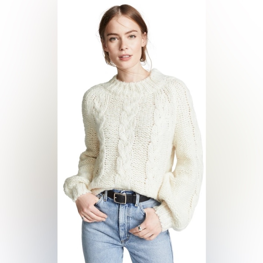 Anine Bing Ali Knit Cable Knit Balloon Sleeves Sweater In Cream
